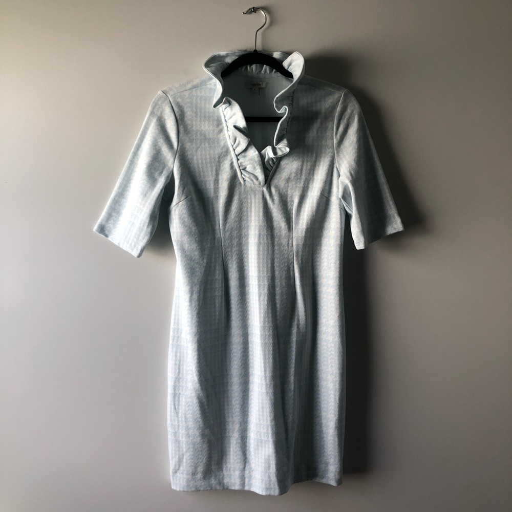 Tyler Boe pale blue and white printed ruffle collar dress